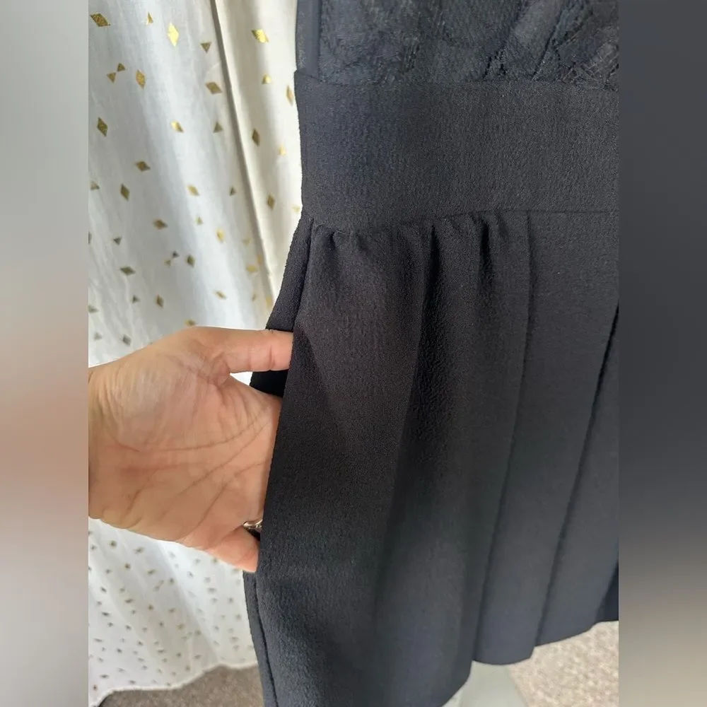 BCBGeneration Sheer Lace Bodice Little Black Pleated Mini Dress Sexy Pockets 2